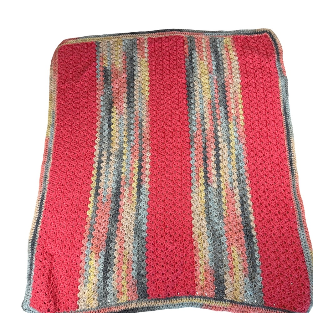 Handmade Crochet Baby Blanket Pink Grey Yellow Striped Granny Stitch 36x42